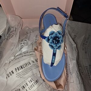 Mia Becar Sugar Blue Beaded Flower T-Strap Sandal - Women